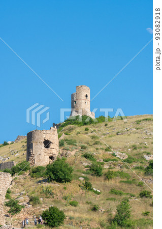 Crimea balaklava bay flying cembalo fortress balaclava mountain nature sea, concept sky summer for travel for beautiful blue, coast seascape. Embankment stone panoramic, 93082918