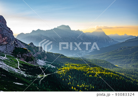 Dolomites panoramic view at morning sunrise time 93083324
