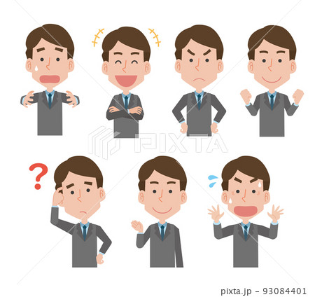 スーツを着た男性の表情ポーズイラストセット 93084401