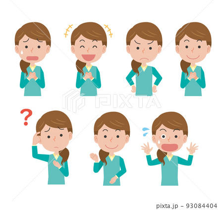 若い女性の表情ポーズイラストセット 93084404