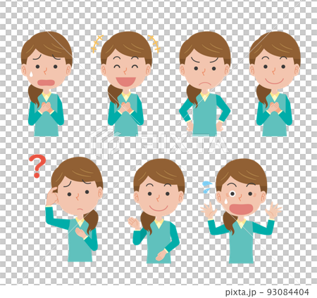 若い女性の表情ポーズイラストセット 93084404