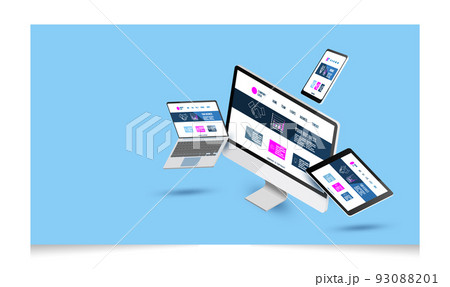 3D Isometric computer responsive and web design development with pc, laptop, mobile phone and tablet vector illustration eps10 93088201