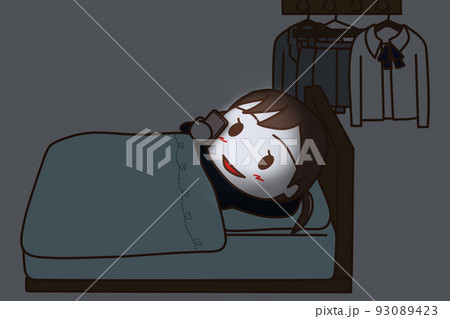 眠る前に暗闇のベッドでスマホ画面を見続けてブルーライトを浴びている女子学生 93089423