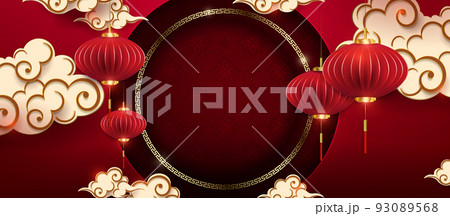 Illustration with round frame,clouds and red air lanterns in paper art style 93089568