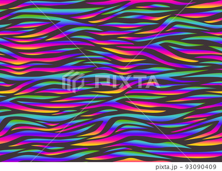 Zebra rainbow abstract seamless pattern. Neon gradient lines on a black background. Colorful stripes, repeating background. Vector printing for fabrics, posters, banners. Zebra rainbow abstract seamless pattern. Neon gradient lines on a black background. Colorful stripes, repeating background. Vector printing for fabrics, posters, banners. 93090409