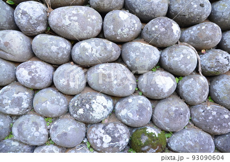 丸い石で作られた八丈島の石垣。きれいに並ぶの写真素材 [93090604