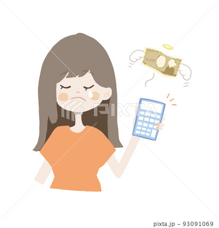 無駄遣いをしてしまって悲しい表情の女の子のイラスト 電卓バージョン のイラスト素材