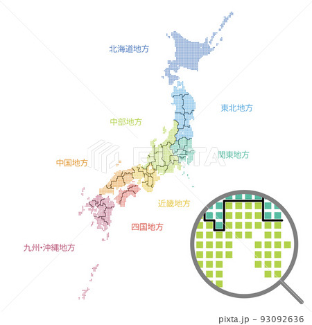 ドットで描かれた日本地図のセット 四角