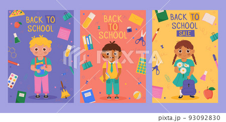 Set of Back to school banner design with colorful funny school character, education items. Colorful back to school templates for invitation, poster, banner, promotion,sale etc. 93092830