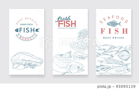 A collection of banners to advertise a fish shop or seafood market. A collection of banners to advertise a fish shop or seafood market. 93093139