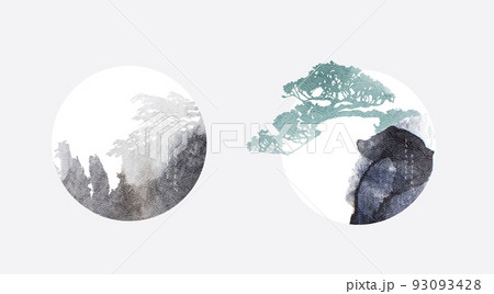 Japanese background with black and blue texture vector. Bonsai tree and brush stroke painting decorations in vintage style. Art landscape banner design. 93093428