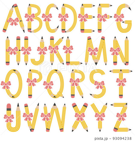 English alphabet of pencils decorated with ribbon, letters, color isolated vector illustration 93094238