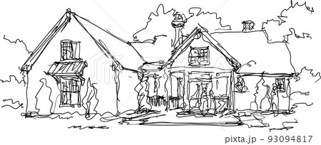 hand drawn architectural sketch of beautiful old classic detached village house with garden and trees and lots of weed hand drawn architectural sketch of beautiful old classic detached village house with garden and trees and lots of weed 93094817