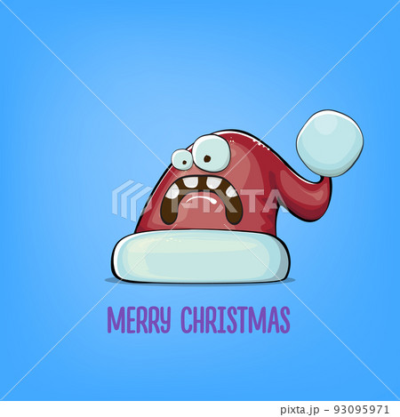 Vector cartoon Santa Claus red hat with smile face isolated on blue background. Childrens Merry Christmas greeting card with funny monster Santa hat. Santa red hat 93095971