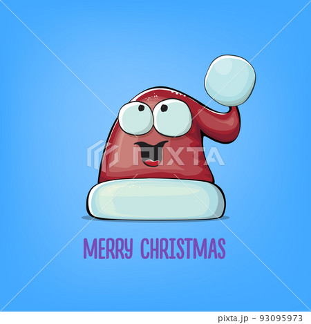 Vector cartoon Santa Claus red hat with smile face isolated on blue background. Childrens Merry Christmas greeting card with funny monster Santa hat. Santa red hat 93095973