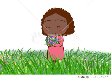 （全身斜め）草原で花を摘み色とりどりの花束を作って笑顔になるアフリカ系女性 93096027