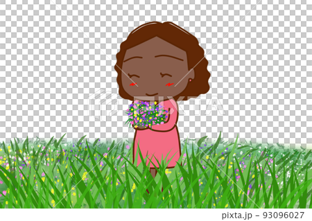 （全身斜め）草原で花を摘み色とりどりの花束を作って笑顔になるアフリカ系女性 93096027
