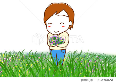 （全身斜め）草原で花を摘み色とりどりの花束を作って笑顔になる白人男性 93096028