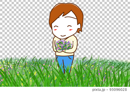 （全身斜め）草原で花を摘み色とりどりの花束を作って笑顔になる白人男性 93096028