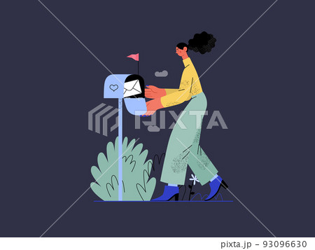 You have a message - Online shopping and electronic commerce series - modern flat vector concept illustration of woman getting letter from postbox. Promotion, discounts, sale and online orders concept 93096630