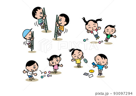 昔懐かしい竹馬やビー玉で遊ぶ日本の昭和の子供たちのイラストです。 93097294