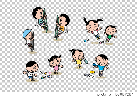 It is an illustration of Japanese children in the Showa era playing with nostalgic stilts and marbles. It is an illustration of Japanese children in the Showa era playing with nostalgic stilts and marbles. 93097294