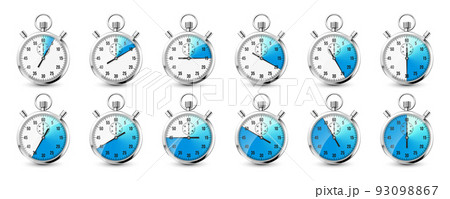 Realistic classic stopwatch icons. Shiny metal chronometer, time counter with dial. Blue countdown timer showing minutes and seconds. Time measurement for sport, start and finish. Vector illustration Realistic classic stopwatch icons. Shiny metal chronometer, time counter with dial. Blue countdown timer showing minutes and seconds. Time measurement for sport, start and finish. Vector illustration 93098867