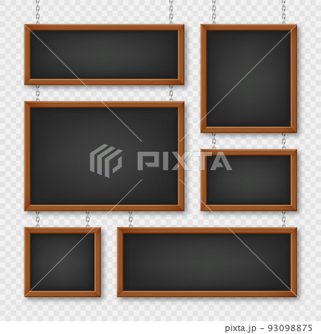 Signboards in a wooden frame hanging on a metal chain. Restaurant menu board. School chalkboard, writing surface for text or drawing. Blank advertising or presentation boards. Vector illustration 93098875