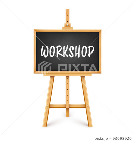 Realistic black chalkboard on wooden easel. Blackboard in wooden frame on a tripod. Presentation board with text, writing or drawing surface. Online studying, learning mockup. Vector illustration 93098920