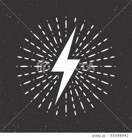 Vintage lightning bolt and sun rays on grunge background. Lightnings with sunburst effect. Thunderbolt, electric shock sign. Vector illustration Vintage lightning bolt and sun rays on grunge background. Lightnings with sunburst effect. Thunderbolt, electric shock sign. Vector illustration 93098942