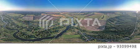 Drone spherical panorama of summer sunset river Ros landscape, Ukraine. Drone spherical panorama of summer sunset river Ros landscape, Ukraine. 93099498