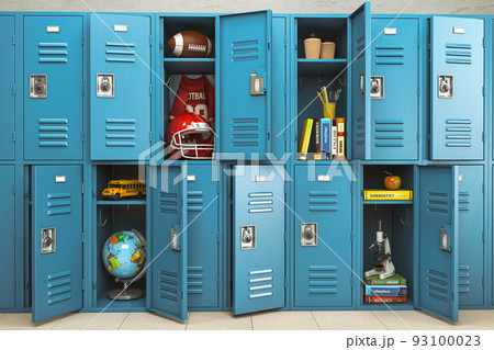 School lockers with items, equipments and accessoires for education. Back to school. School lockers with items, equipments and accessoires for education. Back to school. 93100023