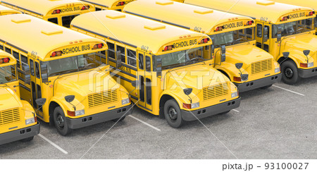 Yellow school bus in a row on a parking. Yellow school bus in a row on a parking. 93100027
