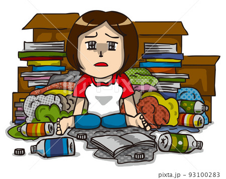 散らかった部屋でごみに囲まれる片付けられない女性 散らかった部屋でごみに囲まれる片付けられない女性 93100283