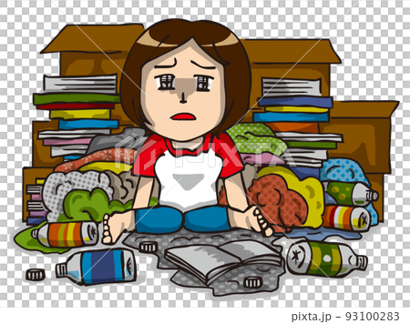 散らかった部屋でごみに囲まれる片付けられない女性 散らかった部屋でごみに囲まれる片付けられない女性 93100283
