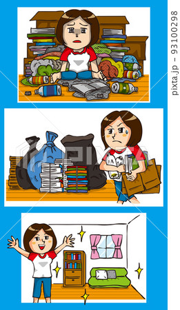 汚部屋に住む片付けられない女性が部屋を片付けるコマ漫画 93100298