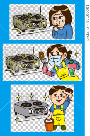 汚れたガスコンロをきれいに掃除するコマ漫画 93100301