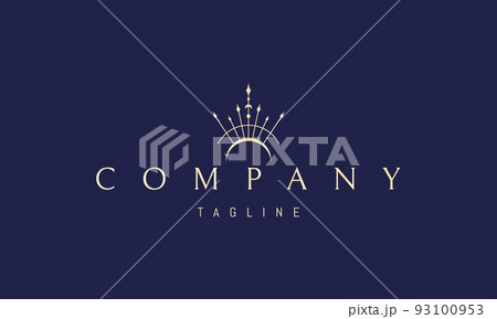 Vector golden logo on which an abstract image of the alchemical symbol of the moon with arrows emanating from it. Vector golden logo on which an abstract image of the alchemical symbol of the moon with arrows emanating from it. 93100953