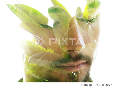 Double exposure portrait of man in a meditative state. 93101657