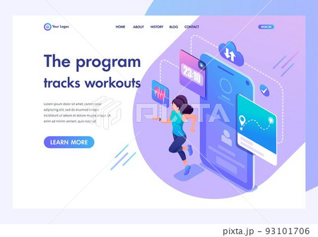 Isometric concept Young girl running, the Program tracks her workout through the app on your smartphone. Template landing page for website Isometric concept Young girl running, the Program tracks her workout through the app on your smartphone. Template landing page for website 93101706