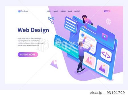 Isometric concept young people are engaged in web design, website page development. Template landing page for website 93101709