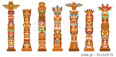 Mask totem poles. Hawaii tiki totems, ancient mythological symbols indigenous americans. Tribal masks, cartoon native indian decent vector sculptures Mask totem poles. Hawaii tiki totems, ancient mythological symbols indigenous americans. Tribal masks, cartoon native indian decent vector sculptures 93102670