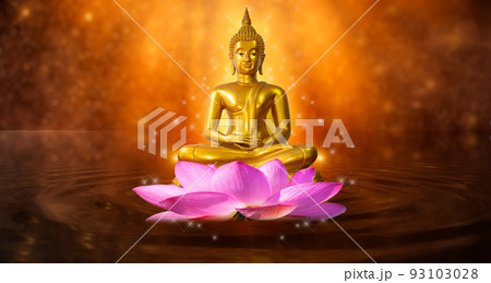 Buddha statue water lotus Buddha standing on lotus flower on orange background 93103028