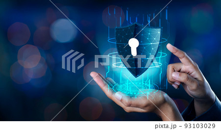 shield with key inside on blue background The concept of cybersecurity the Internet 93103029