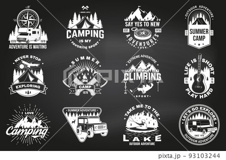 Set of camping badges design on chalkboard. Vector illustration. Vintage typography design with man in canoe, guitar, climber, mountain, axe, lake, compass, camper rv , tent and forest silhouette. Set of camping badges design on chalkboard. Vector illustration. Vintage typography design with man in canoe, guitar, climber, mountain, axe, lake, compass, camper rv , tent and forest silhouette. 93103244