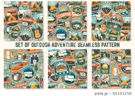 Set of Summer camp colorful seamless pattern with travel inspirational quotes. Vector. Background, wallpaper, seamless pattern with guitar, camping climber, tent, mountain and forest silhouette. Set of Summer camp colorful seamless pattern with travel inspirational quotes. Vector. Background, wallpaper, seamless pattern with guitar, camping climber, tent, mountain and forest silhouette. 93103250