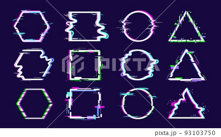Glitch effect frame. Light tv bug, dance geometric shapes and digital ring. Abstract neon circles, triangles and squares. Art future technology racy vector elements Glitch effect frame. Light tv bug, dance geometric shapes and digital ring. Abstract neon circles, triangles and squares. Art future technology racy vector elements 93103750