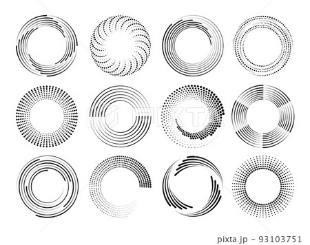 Speed lines circle frames. Round swirl and curves movement spiral symbols. Modern dots halftone abstract elements, radial racy vector logo design 93103751
