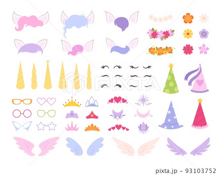 Cartoon unicorn constructor. Unicorns horns, party eyelashes and color hair bundle. Cute pony mask and sticker elements. Racy girly prints diy vector clipart Cartoon unicorn constructor. Unicorns horns, party eyelashes and color hair bundle. Cute pony mask and sticker elements. Racy girly prints diy vector clipart 93103752