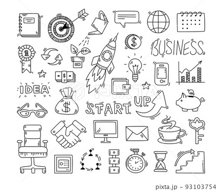 Doodle business collection. Company financial drawn work elements. Social media, banking, digital money sketch icons. Creative develop classy vector set 93103754
